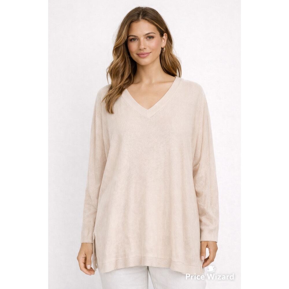 Garnet Hill V Neck Sweater Beige Tunic Lightweight Knit Medium